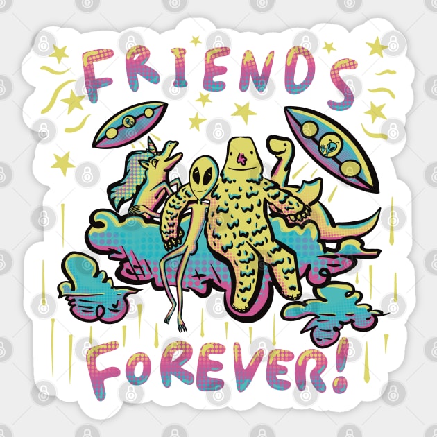 Friends Forever! Group of Misfits, Grey Alien, Bigfoot, Unicorn, Nessie, UFOs Sticker by SubtleSplit